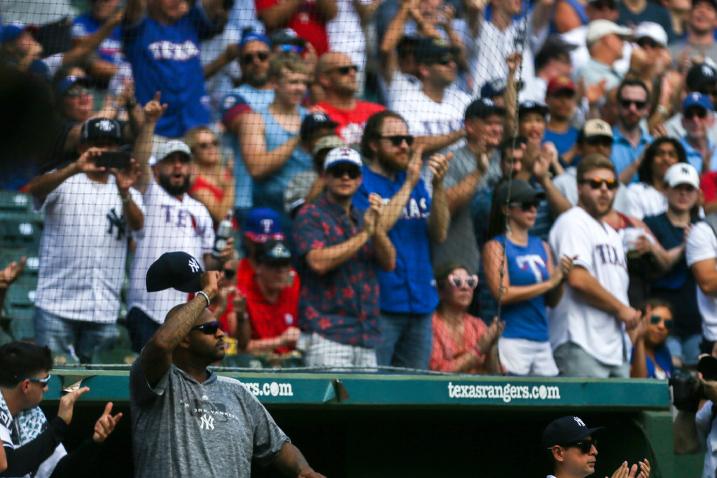 New York Yankees starting pitcher CC Sabathia (52) is recognized during a MLB game between...