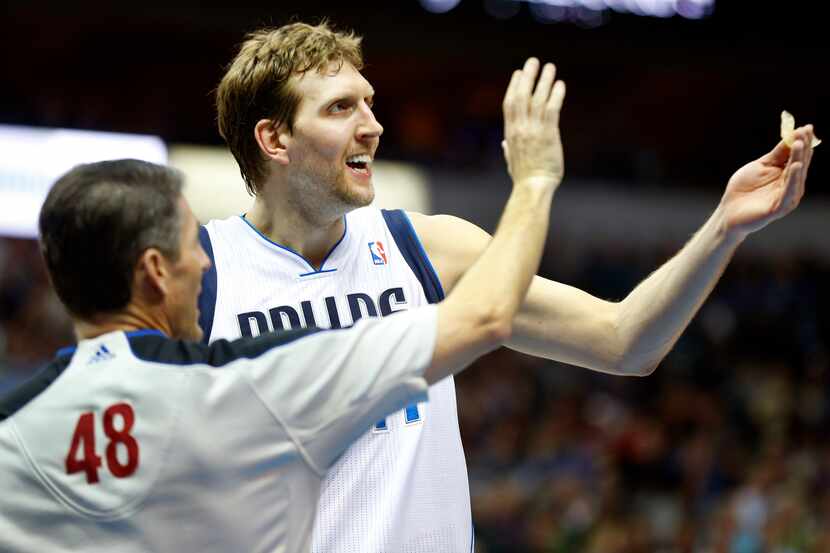 Dallas Mavericks power forward Dirk Nowitzki (41) was upset with the official calls in the...