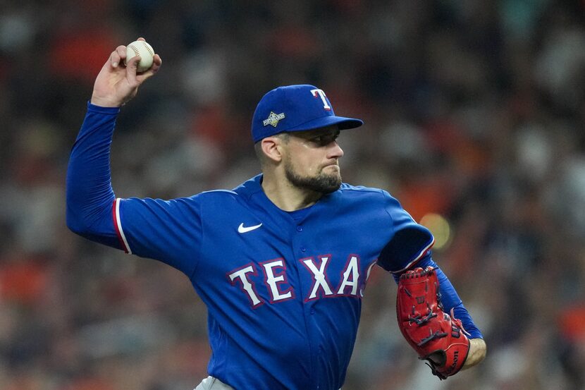 Texas Rangers starting pitcher Nathan Eovaldi (17) pitches in the second inning of play...