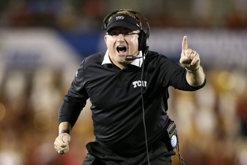 FILE - In this Oct. 17, 2015, file photo, TCU head coach Gary Patterson reacts to a call...