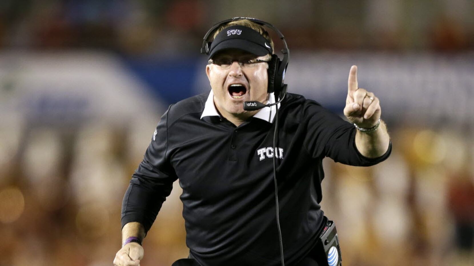 FILE - In this Oct. 17, 2015, file photo, TCU head coach Gary Patterson reacts to a call...