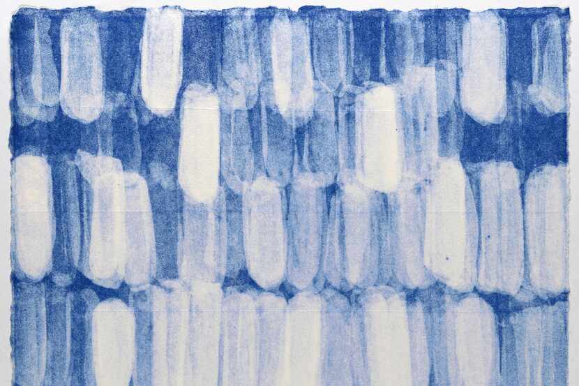 American artist Eleanore Mikus' "Tablet Litho 6" features a blue surface enlivened with an...