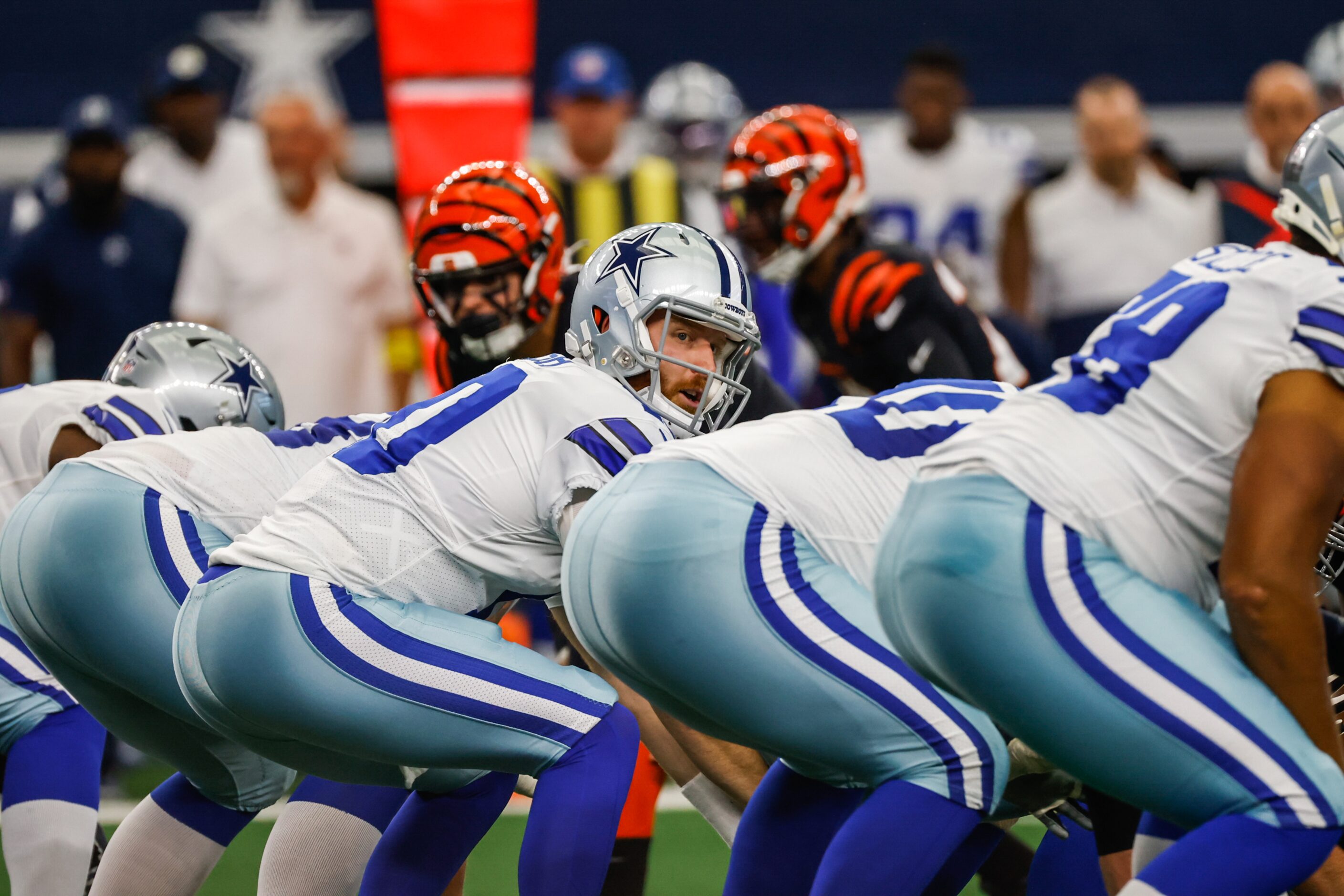 Dallas Cowboys quarterback Cooper Rush (10) starts a play against the Cincinnati Bengals...