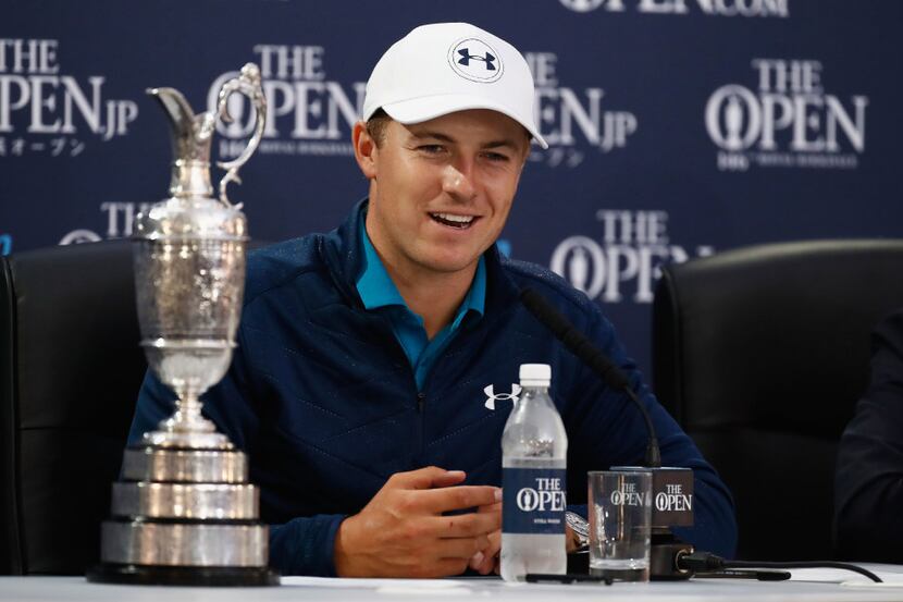 SOUTHPORT, ENGLAND - JULY 23:  Jordan Spieth of the United States sits with the Claret Jug...