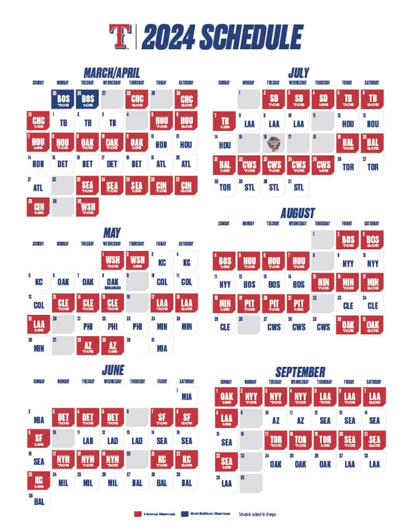 Texas Rangers 2024 home schedule now has start times.