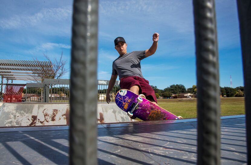 Thomas Quartararo rides his skateboard at Lakeland Hills Skate Park in Dallas. The skatepark...