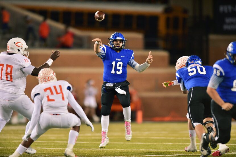 Krum senior quarterback Colten Graham (19) throws against Celina, in a UIL Class 4A Division...