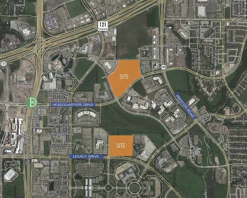 The properties for sale are east of the Dallas North Tollway in Legacy business park.