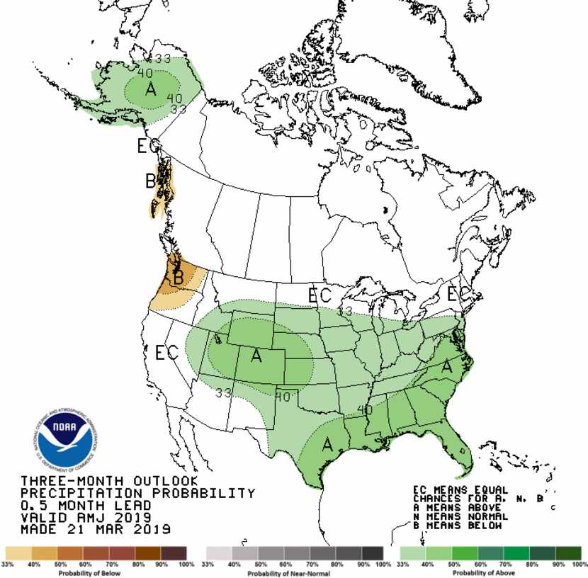 A three-month outlook for April through June shows above-average precipitation chances for...