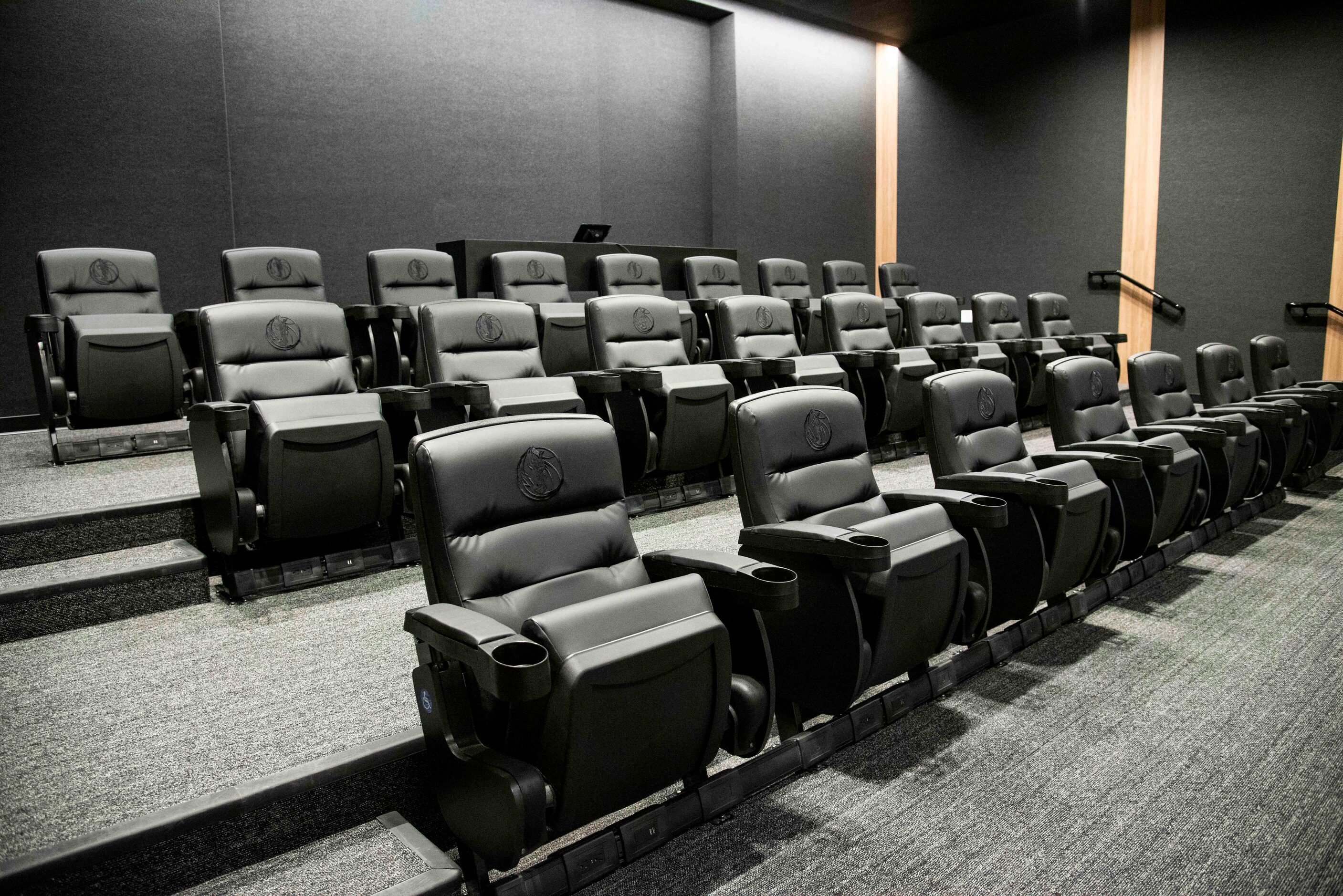 A view of the theater room at the Dallas Mavericks BioSteel Practice Center in downtown...