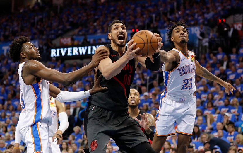 Portland Trail Blazers center Enes Kanter, center, Oklahoma City Thunder forward Jerami...