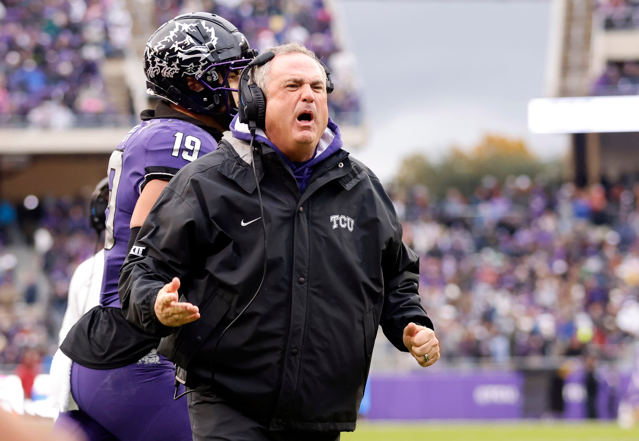 TCU Horned Frogs head coach Sonny Dykes shows his disgust for the officials as his offense...