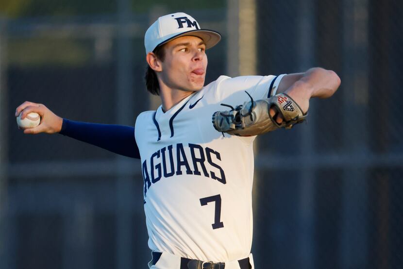 Flower Mound’s Zack James throws a pitch during the fourth inning of a high school baseball...