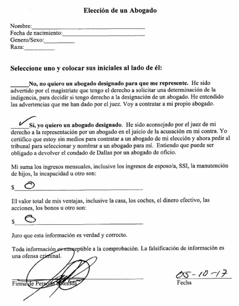 Documento en que el condado le pide a Juan Miguel López seleccionar un tipo de defensa....