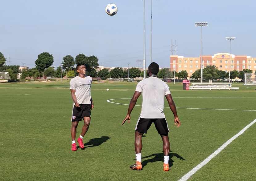 Santiago Mosquera (left) and Maynor Figueroa (right) juggle a ball during a down moment FC...