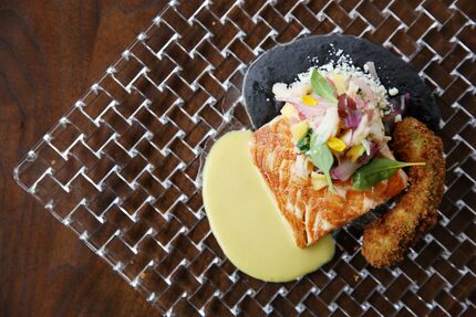 Seared king salmon with black bean-prosciutto refritos, aji-creamed-corn sauce, crab-mango...