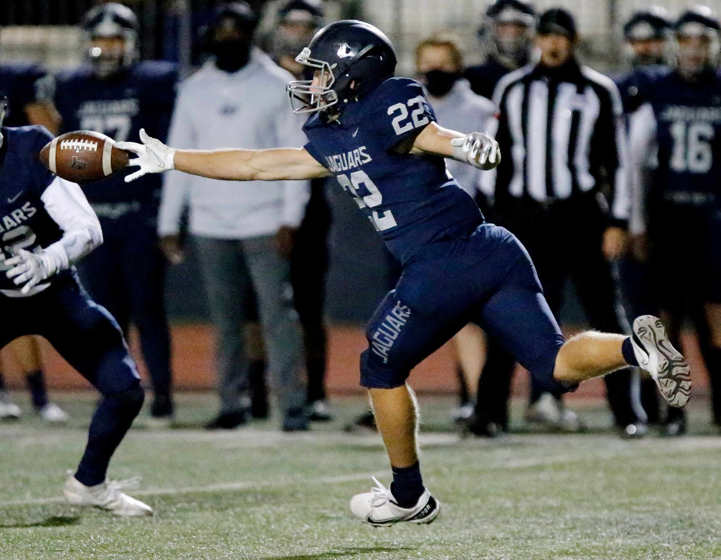 Flower Mound High School running back DJ Conne (22) was unable to bring in this pass during...