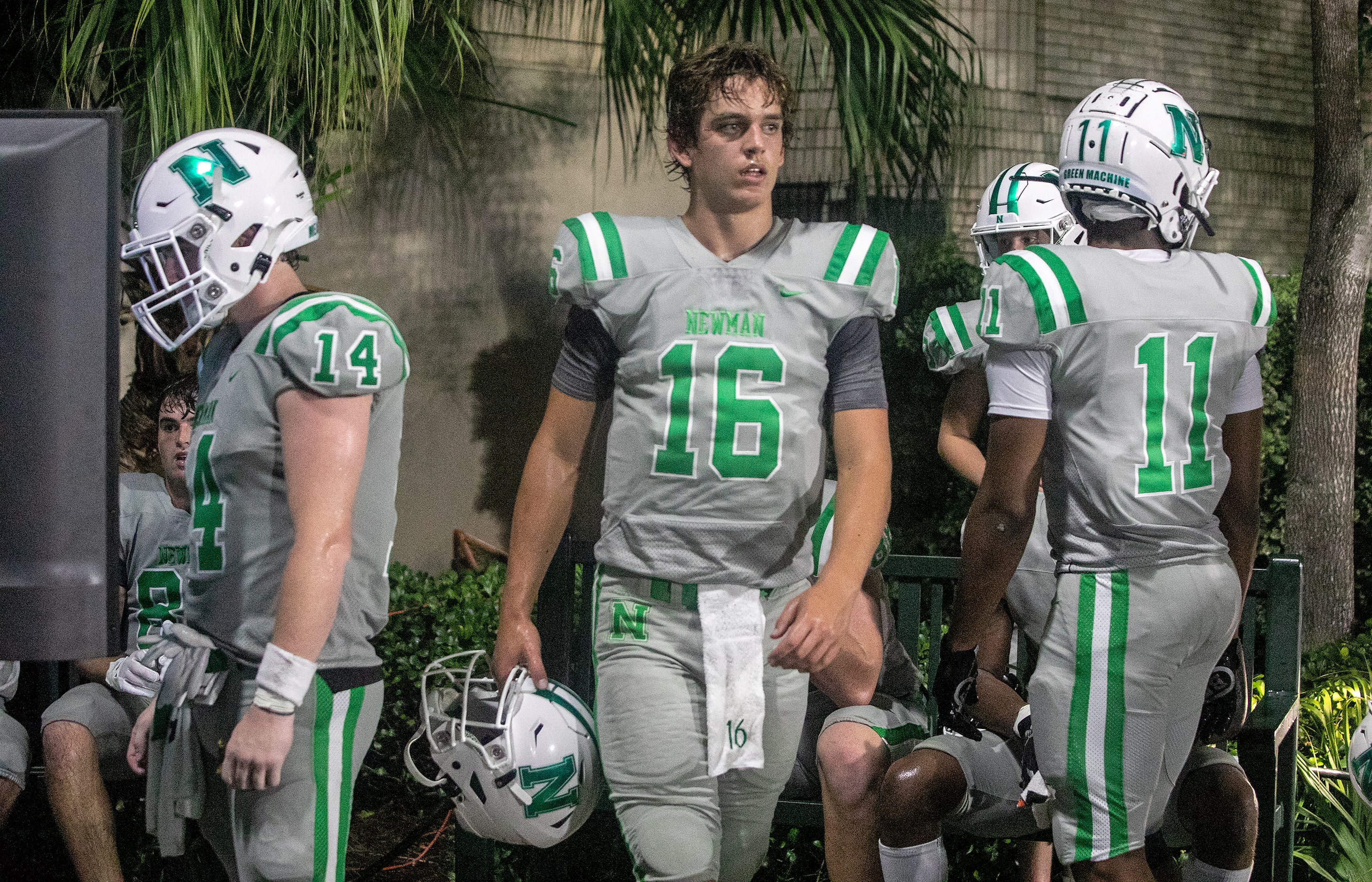 Arch Manning readies for action as Newman High School takes on Riverside Academy Friday,...