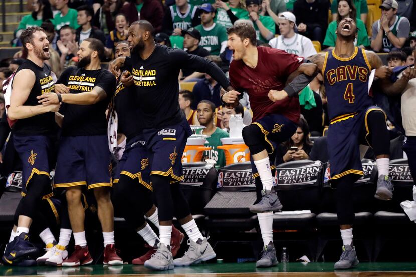 Cleveland Cavaliers, from left, Kevin Love, Deron Williams, LeBron James, Kyle Korver and...