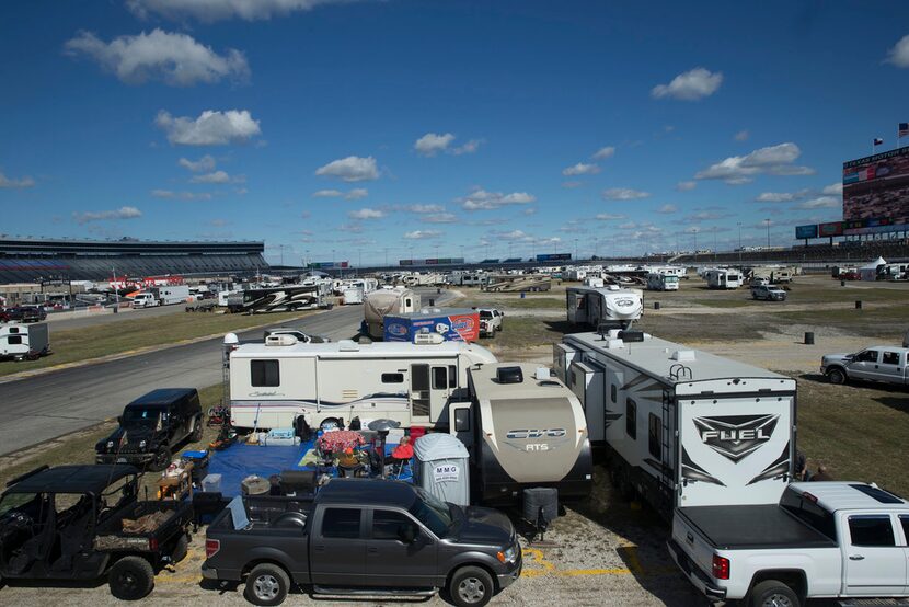 RVs and other vehicles begin to fill the infield at the Texas Motor Speedway in Fort Worth...