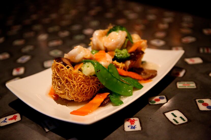 Hong Kong-style pan-fried crispy noodles with shrimp at Mah-Jong Chinese Kitchen in Plano