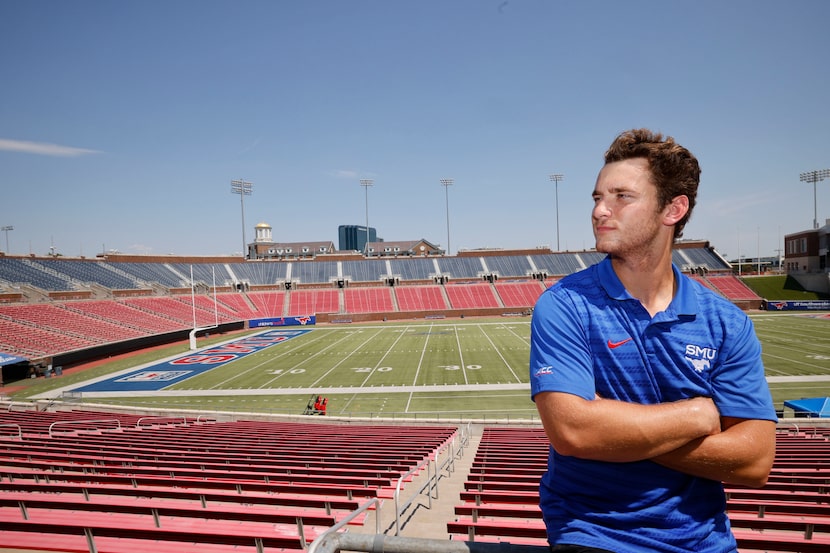 SMU quarterback Preston Stone poses for a photo at Gerald J. Ford Stadium, Tuesday, Aug. 20,...