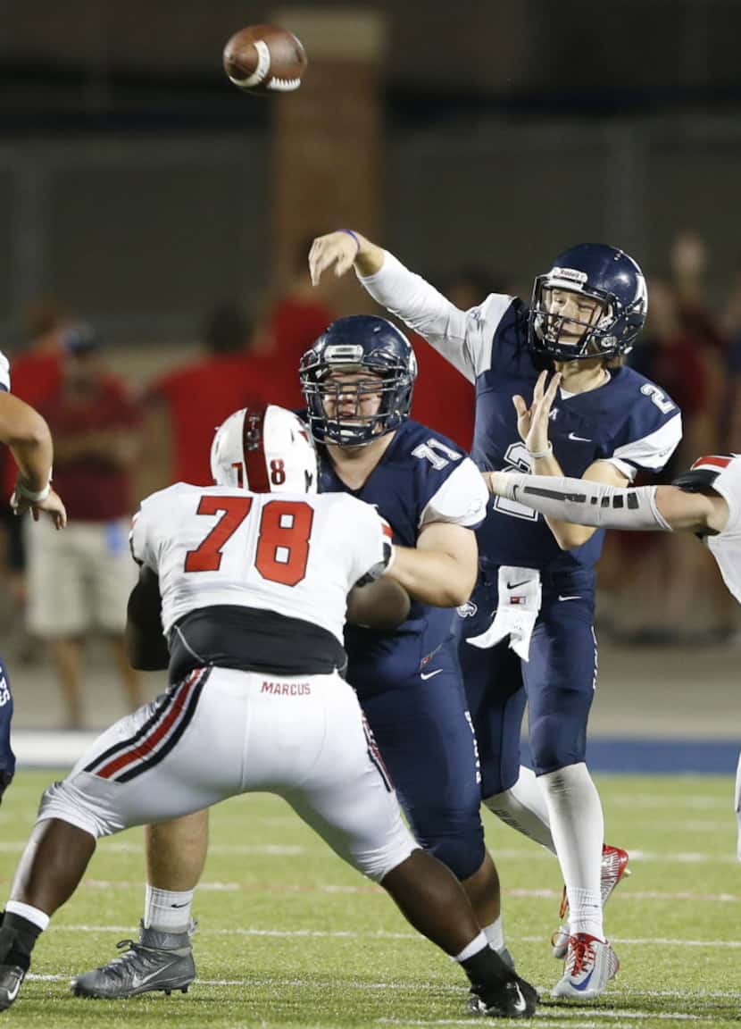 Allen Mitchell Jonke (2) attempts a pass in a game against Flower Mound Marcus during the...