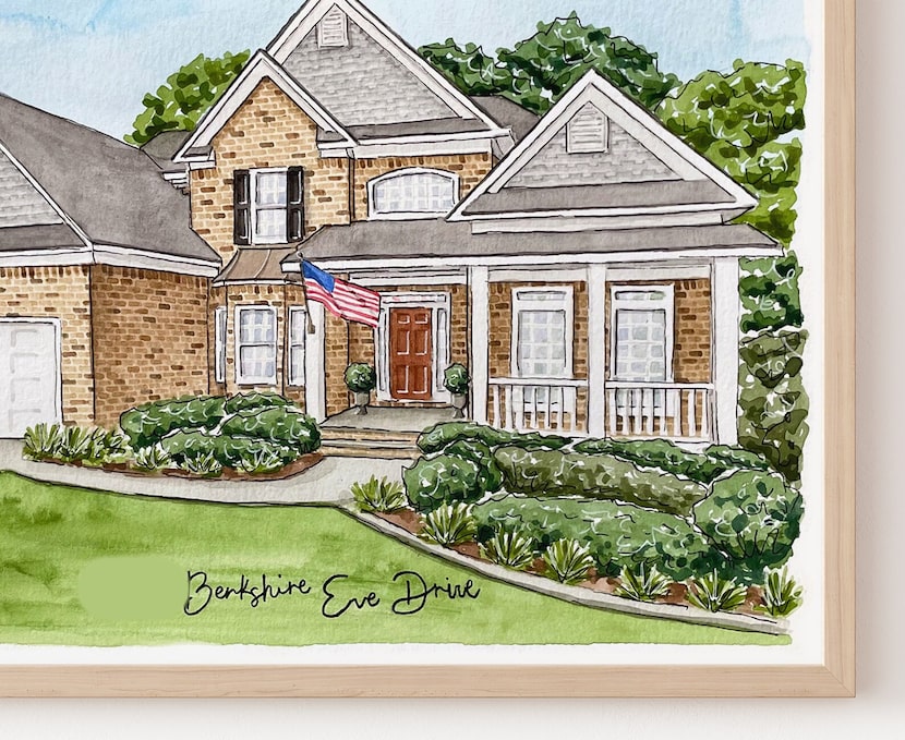 Watercolor painting of a brick home with a green yard