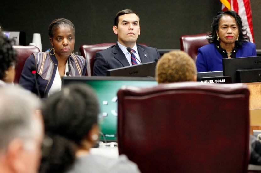 DISD board members, from left, Bernadette Nutall, District 9, Miguel Solis, District 8 and...