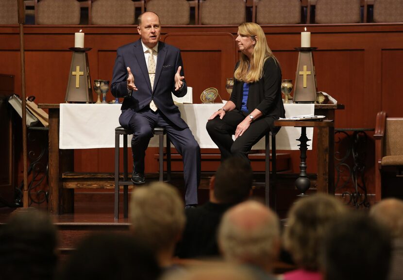 Pastor Billy Echols-Richter, left, and Executive Pastor Laura Echols-Richter speak during a...