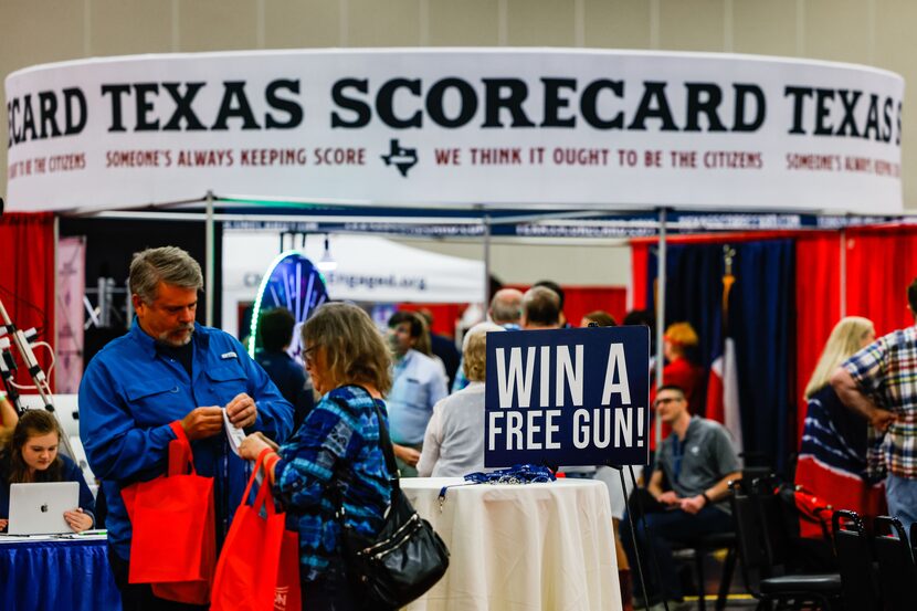 Attendees at the exhibit hall at the 2022 Republican Party of Texas State Convention at the...