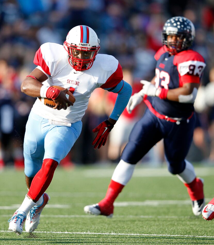 Skyline's Devante Kincade (1) runs up the field on his way to score a touchdown in a game...