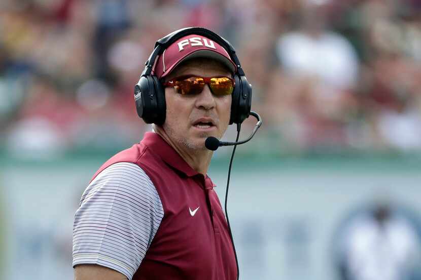 FILE - In this Sept. 24, 2016 file photo, Florida State head coach Jimbo Fisher looks on...