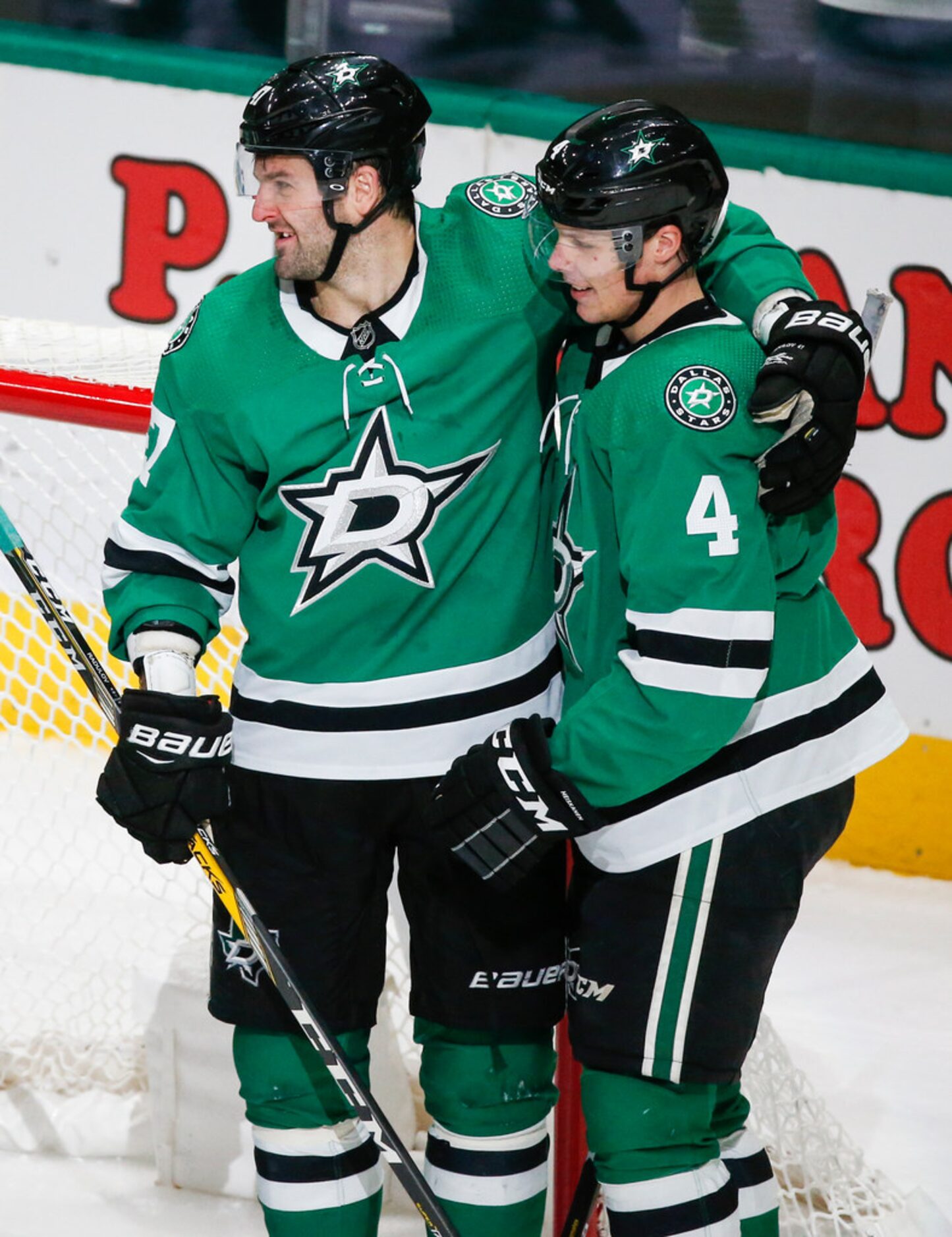 Dallas Stars right wing Alexander Radulov (47) and defenseman Miro Heiskanen (4) celebrate...