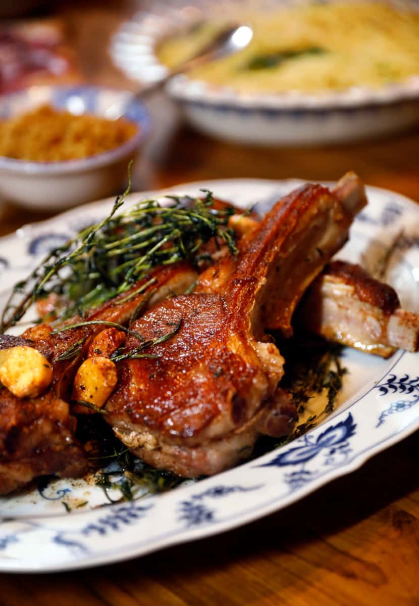 Veal chop with garlic, herbs and brown butter