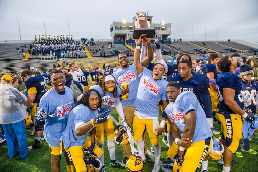 Texas A&M-Commerce players celebrate their first back-to-back conference titles in nearly 60...