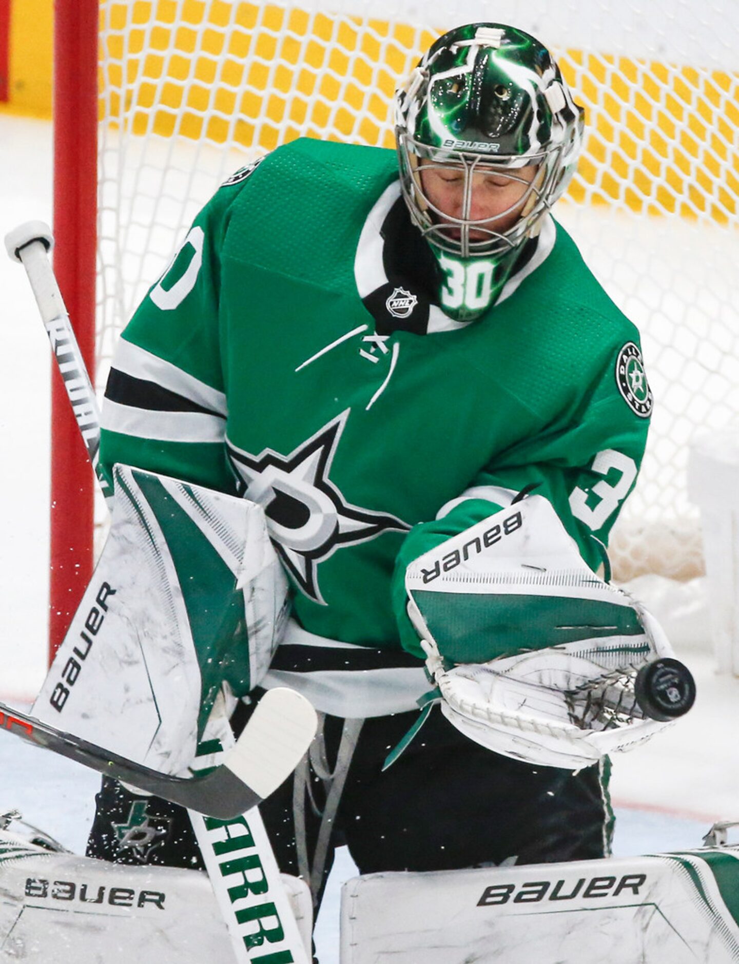 Dallas Stars goaltender Ben Bishop (30) makes a save during the third period of a National...