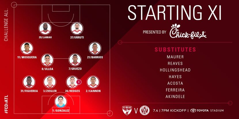 FC Dallas starting XI vs Atlanta United. (7-4-18)