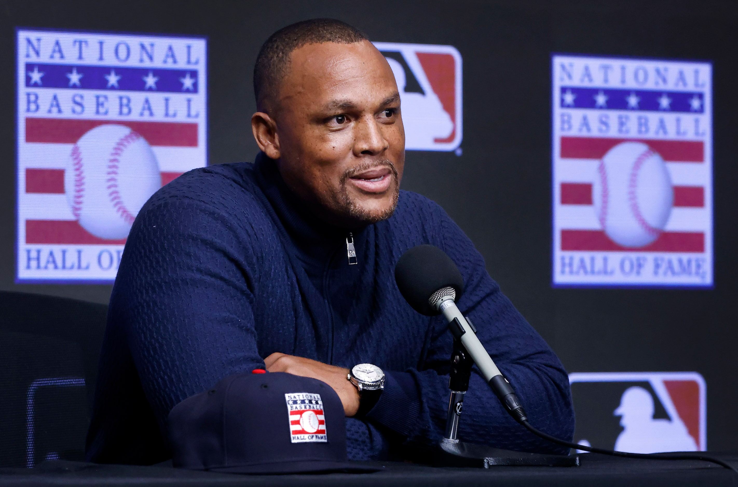 Former Texas Rangers third baseman Adrián Beltré speaks to the media at Globe Life Field in...