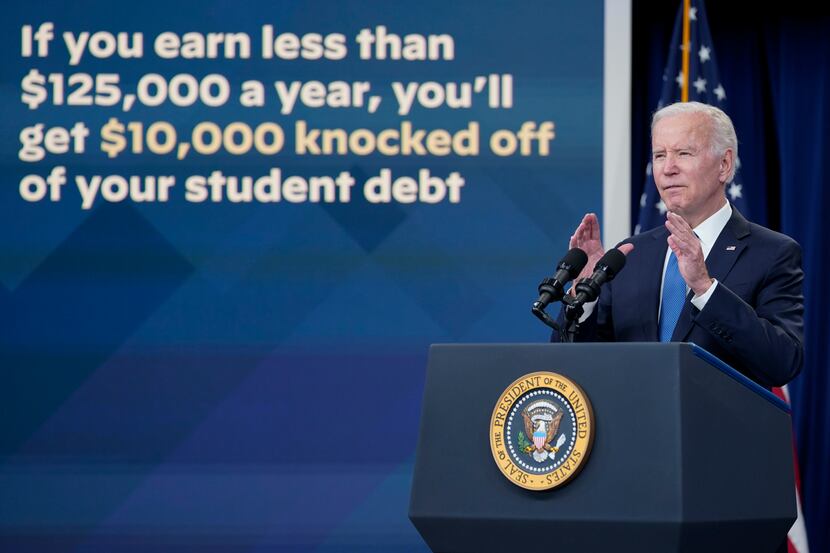 President Joe Biden speaks about the student debt relief portal beta test in the South Court...