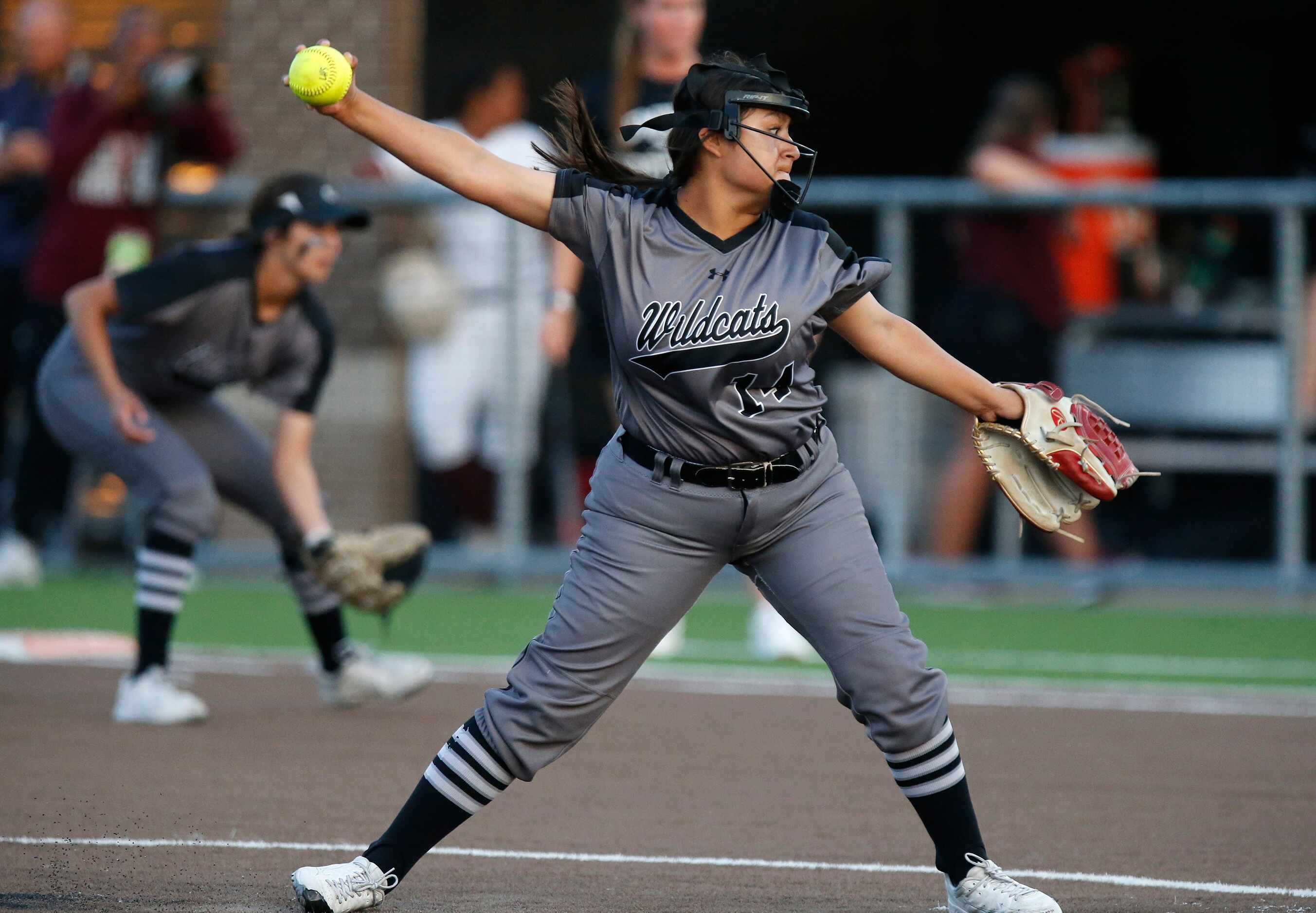 Denton Guyer High School pitcher Mackie Ambriz (14) throws a pitch in the first inning as...