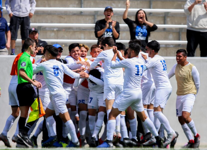 Grand Prairie celebrates a Baltazar Jimenez goal during a Class 6A Region I semifinal soccer...