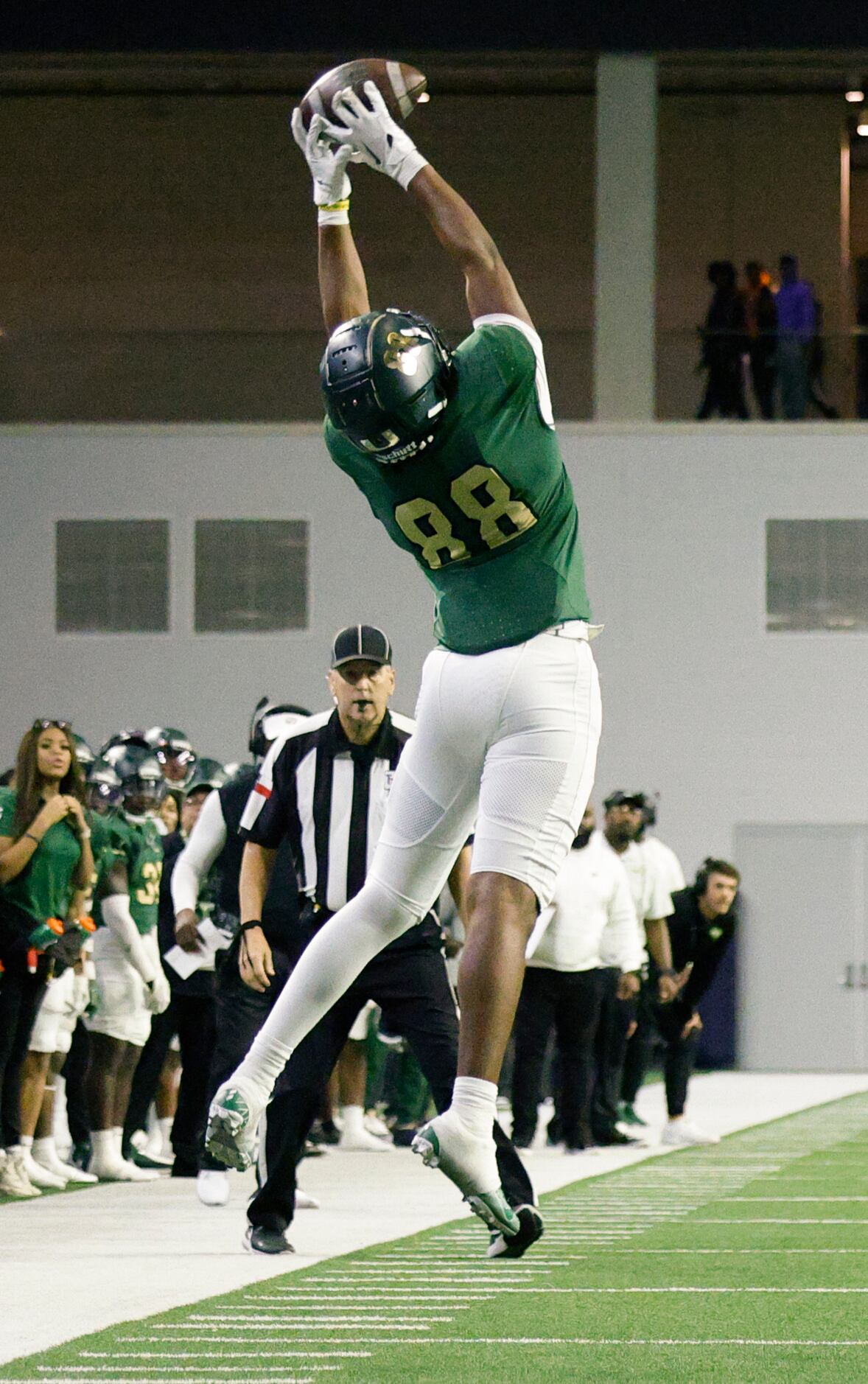 DeSoto’s Dahlyn Jones (88) makes a leaping catch during the first half of a Class 6A...
