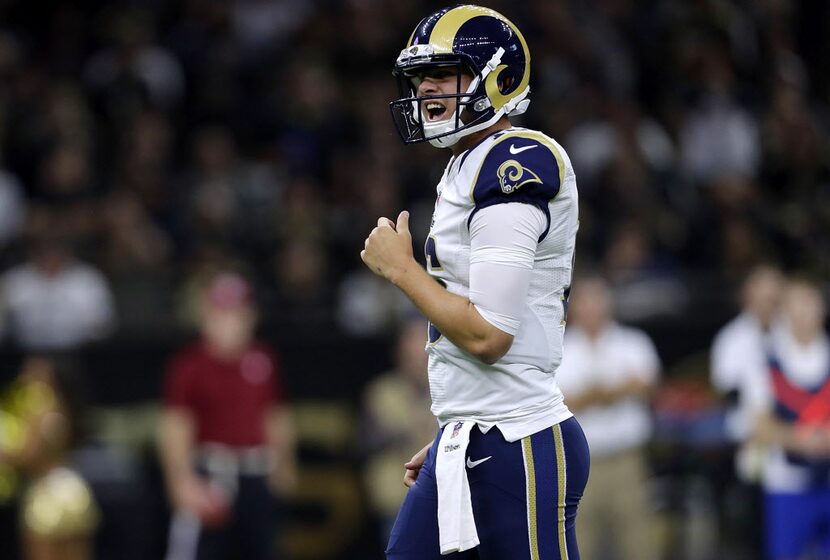 NEW ORLEANS, LA - NOVEMBER 27: Jared Goff #16 of the Los Angeles Rams reacts after a false...