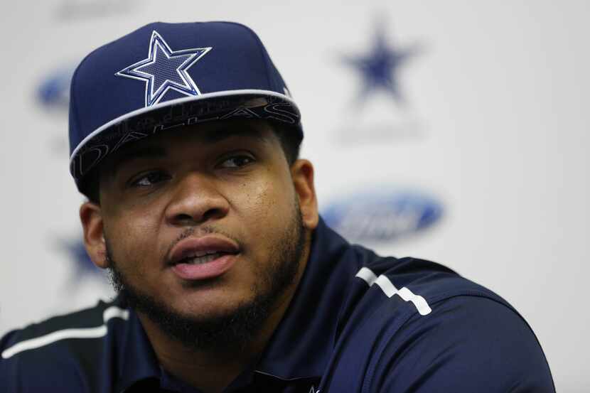 La'el Collins speaks to the media at Valley Ranch (Andy Jacobsohn / Staff photographer)