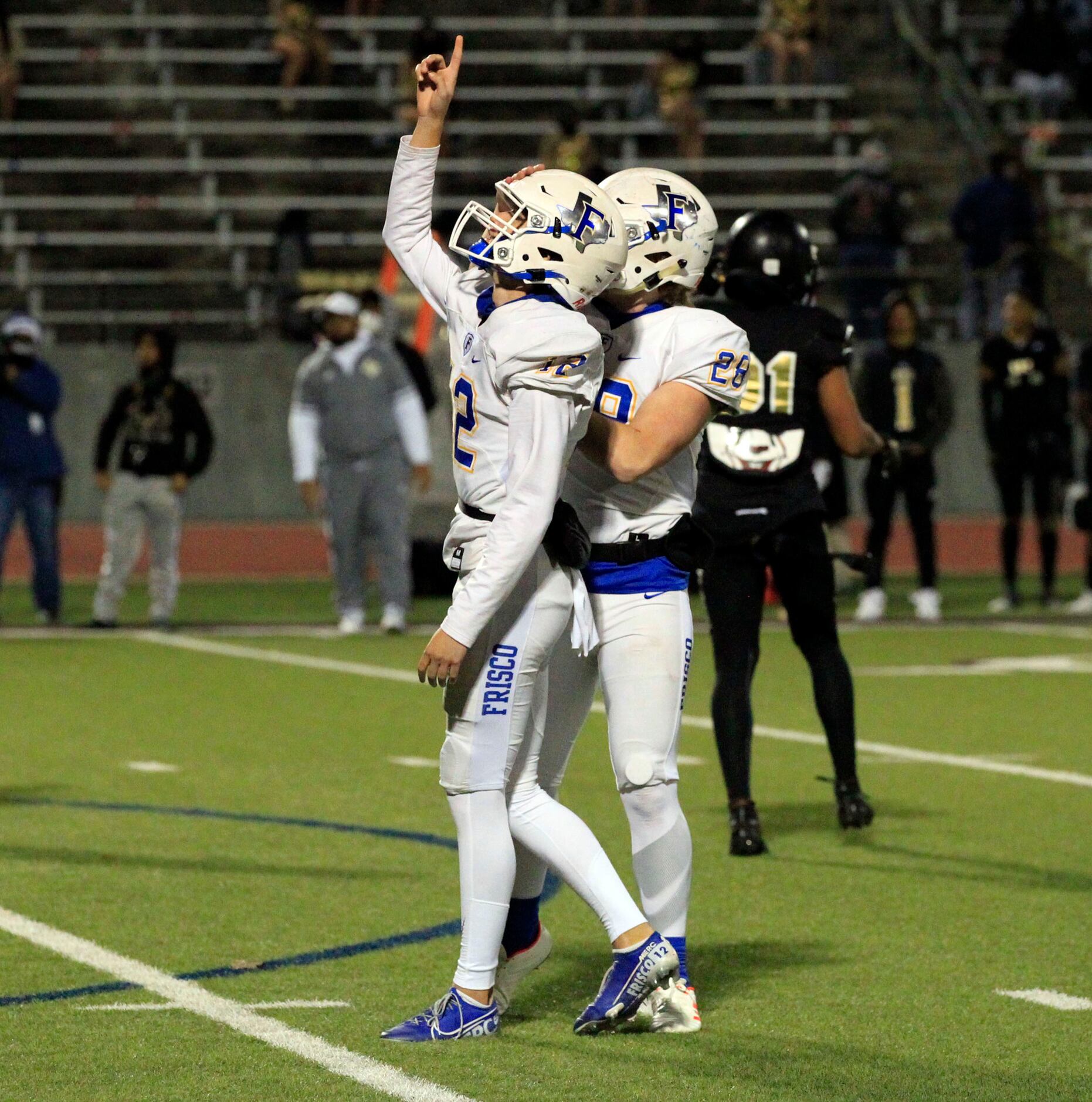 Frisco’ kicker Jake Gaster (12) points to the sky after kicking a field goal during the...