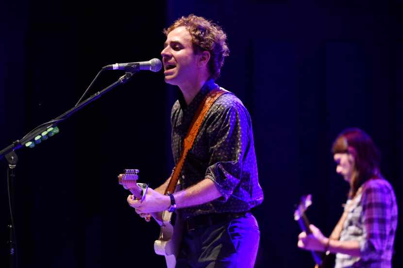 Taylor Goldsmith, left, of Dawes performs at Strauss Square in Dallas, Texas on Wednesday,...