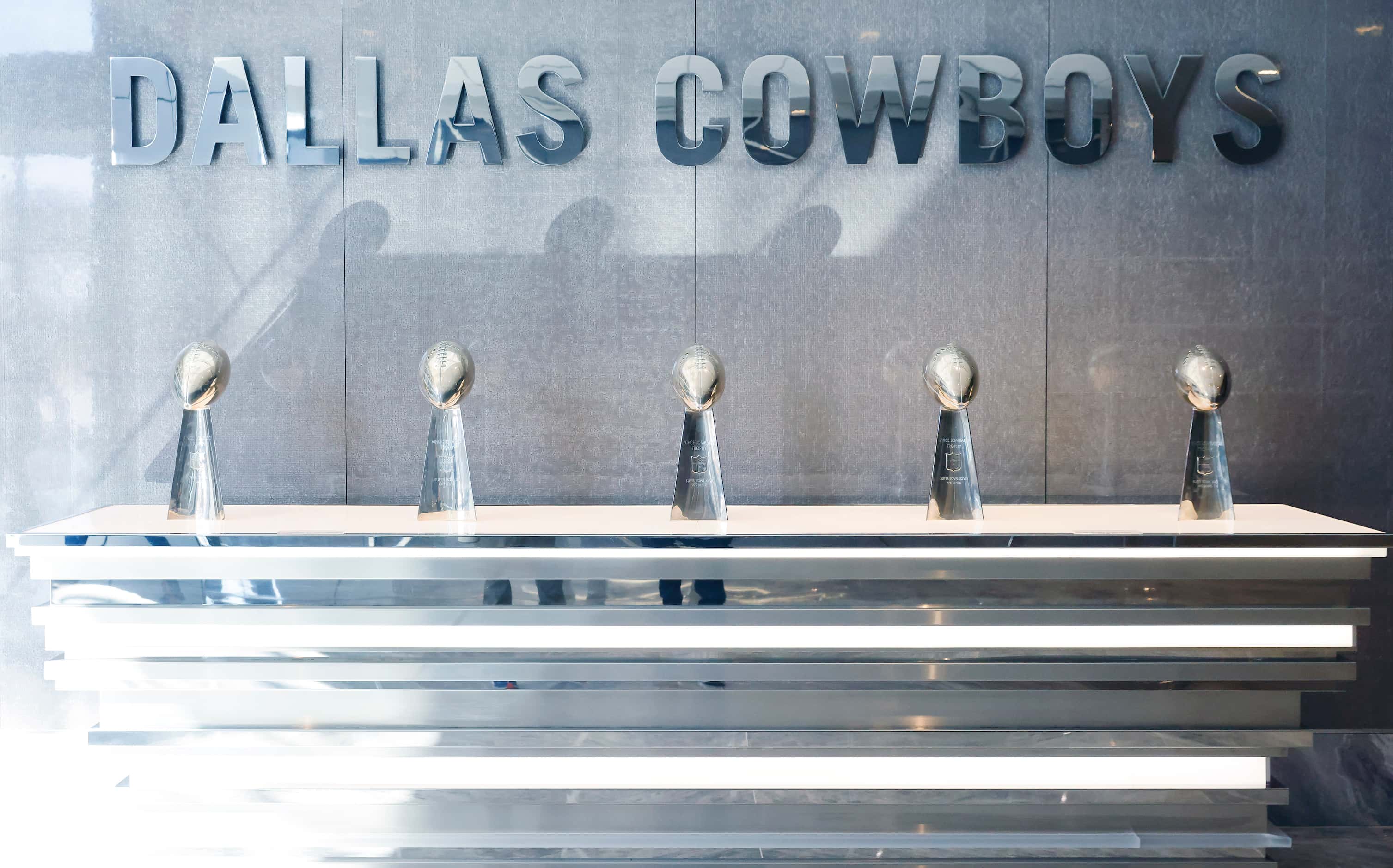 The Dallas Cowboys five Vince Lombardi Super Bowl trophies are on display at The Star in...
