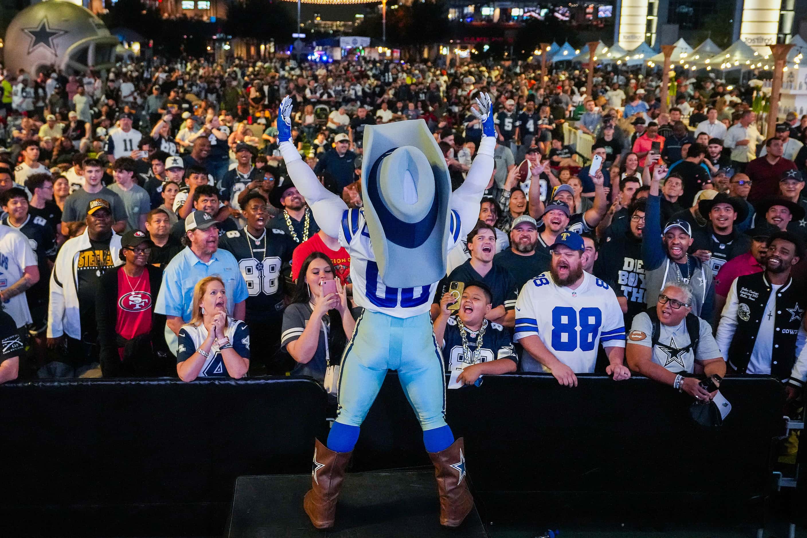 Dallas Cowboys mascot Rowdy fires up the crowd as fans await the team’s first round pick in...