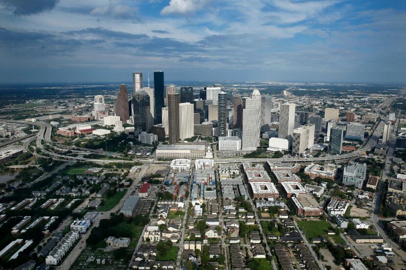 The west side of the downtown Houston skyline is pictured from the air after Hurricane...